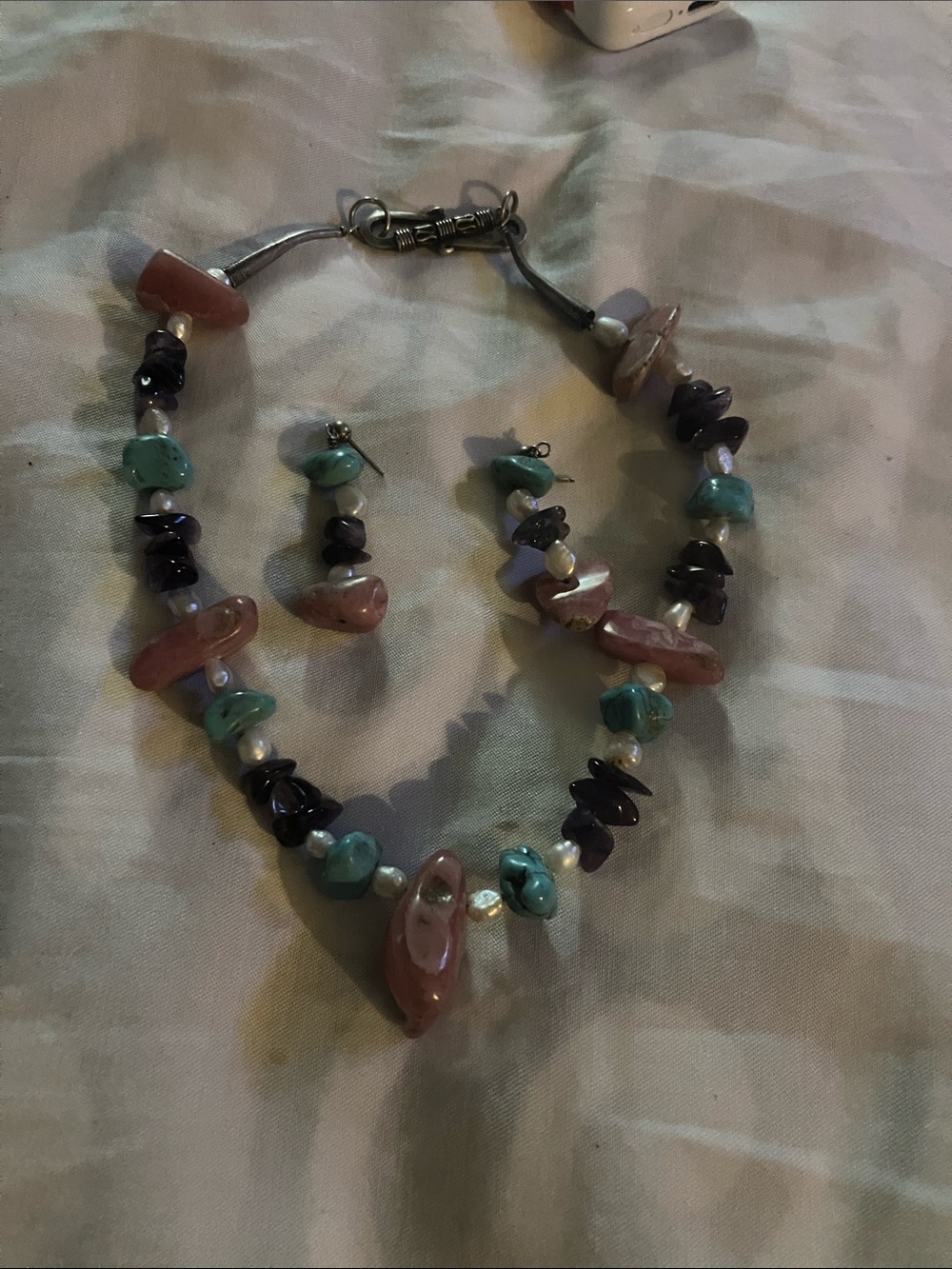 Multi-Stone Beaded Necklace and Earring Set in Pink, Turquoise, and Purple